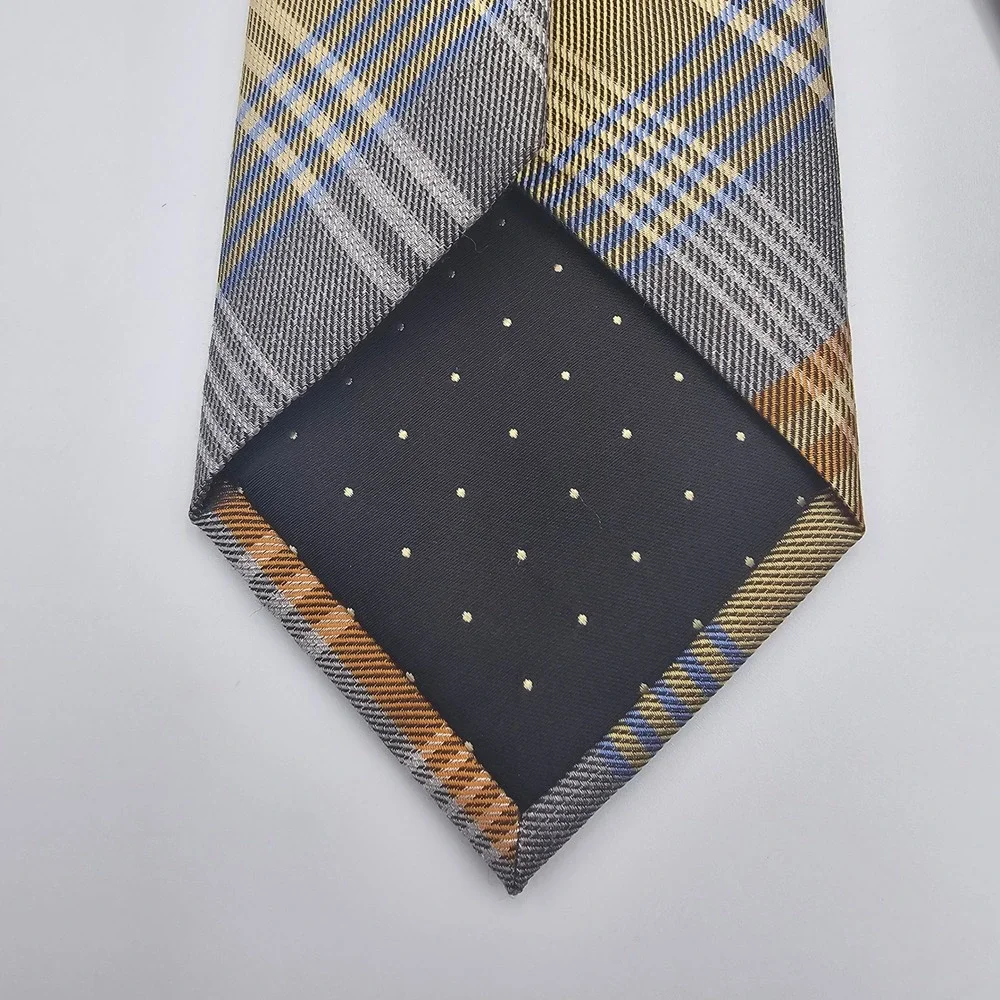 Dockers Slim Tie‎ Gold Gray Blue Plaid Tartan Silk Blend Hand Made Men's Necktie